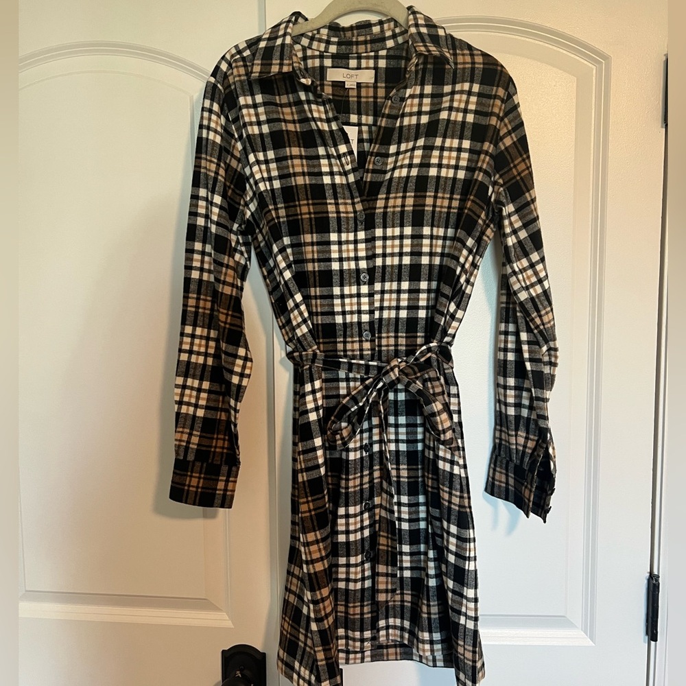 LOFT Plaid Long Sleeve Shirt Dress in Black, Brown & Cream